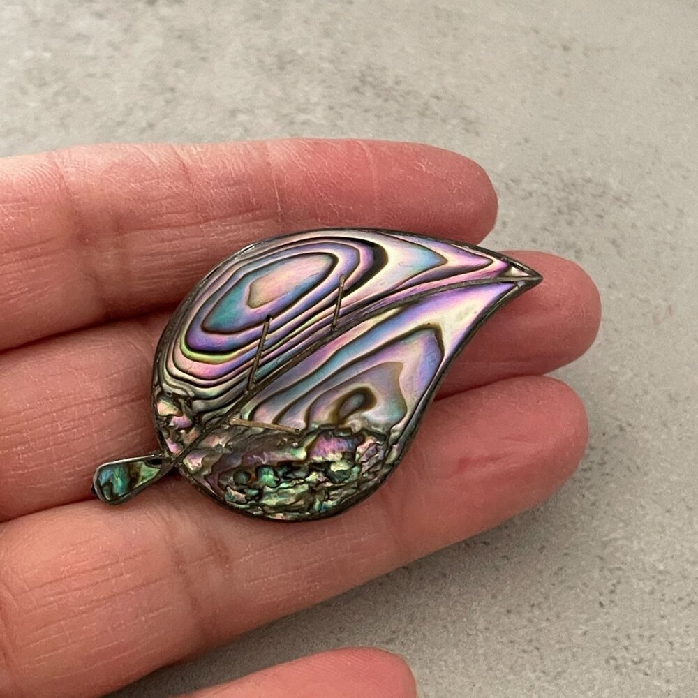 Vintage Abalone Inlay .925 Sterling Silver Leaf Brooch Pin Beto Taxco Mexico 2" - Picture 2 of 6